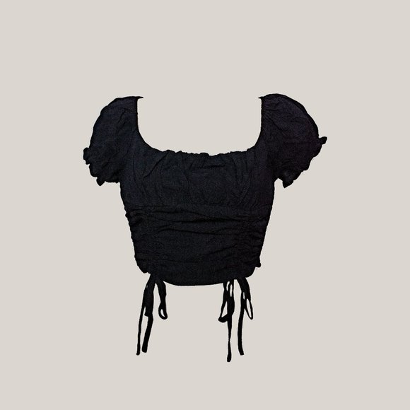 Monteza Brooklyn Top Black Crop Ruched Tie Sleeve Top - Picture 1 of 6